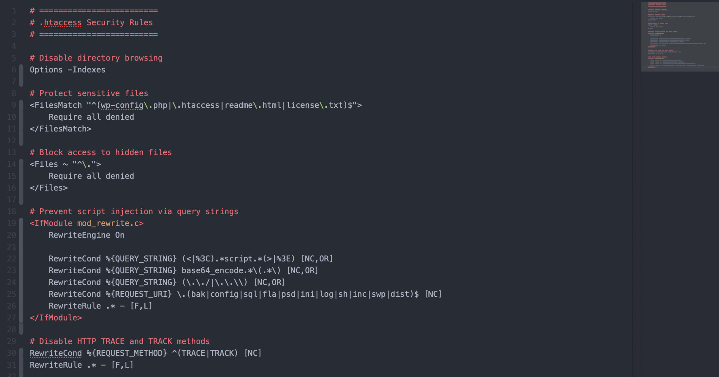 Éditeur de code affichant des règles .htaccess de sécurité WordPress