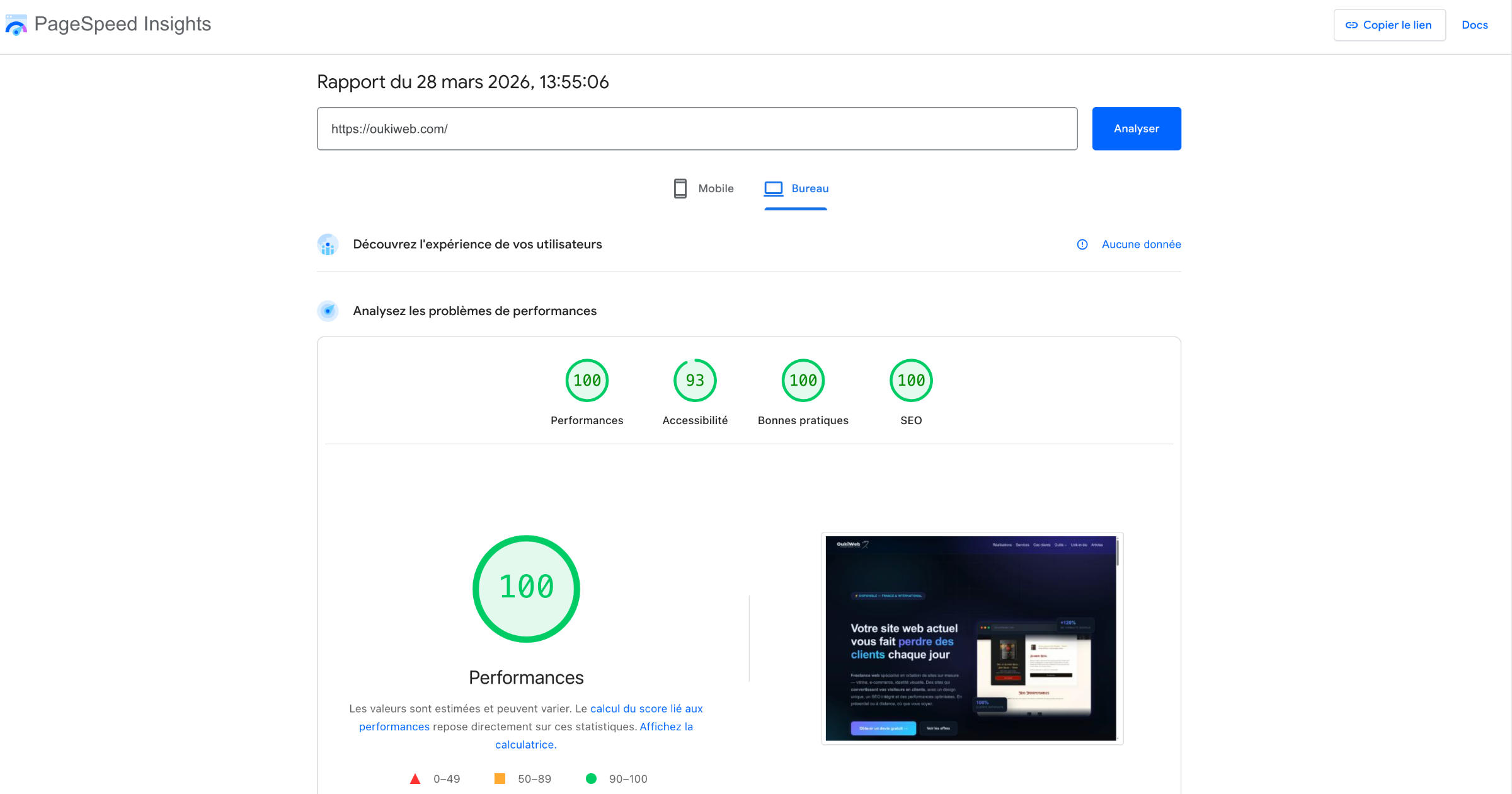 Dashboard PageSpeed Insights affichant un score de 95 pour un site WordPress