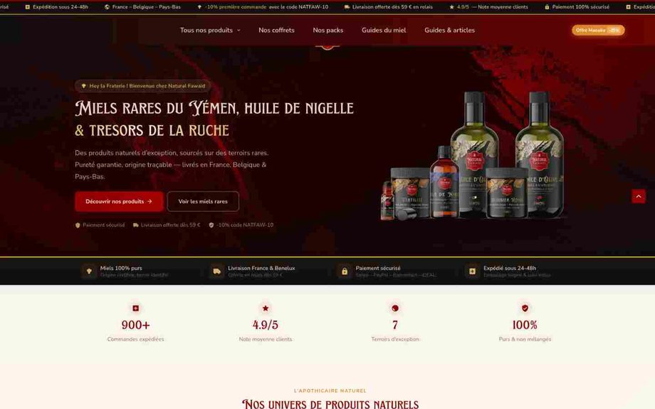 Page d'accueil de la boutique WooCommerce Natural Fawaid, réalisée par KITO