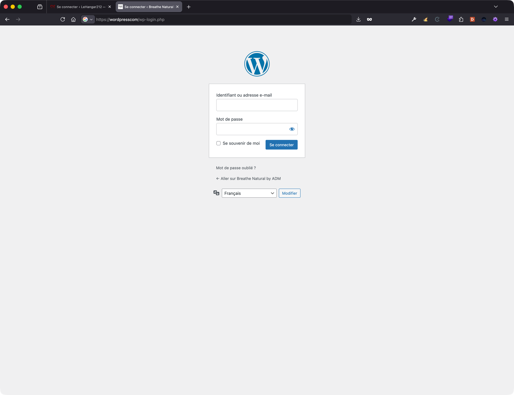 Page de connexion WordPress par défaut (wp-login.php) avant installation de WP Custom Login