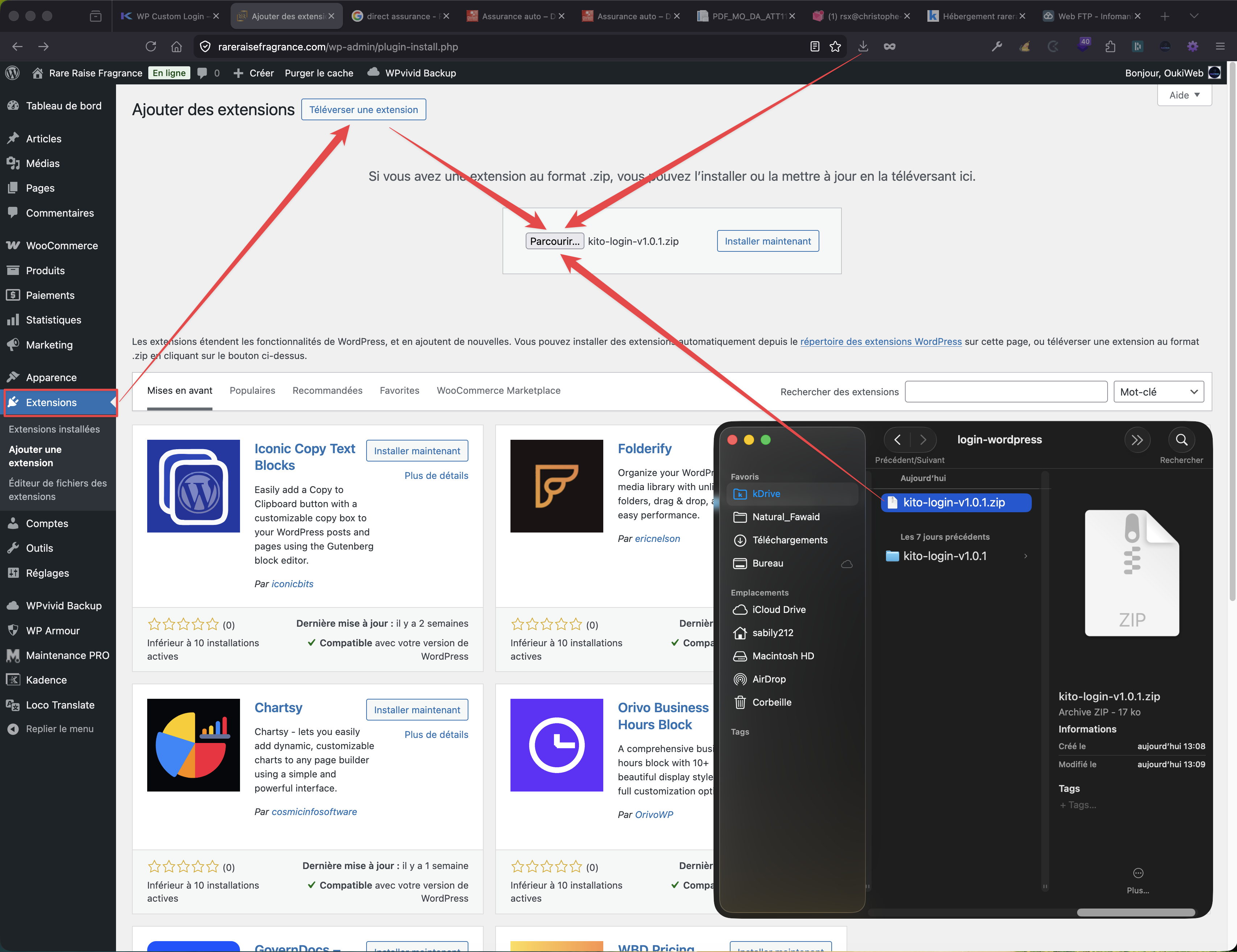 Installation de WP Custom Login dans WordPress — Extensions → Ajouter → Téléverser une extension