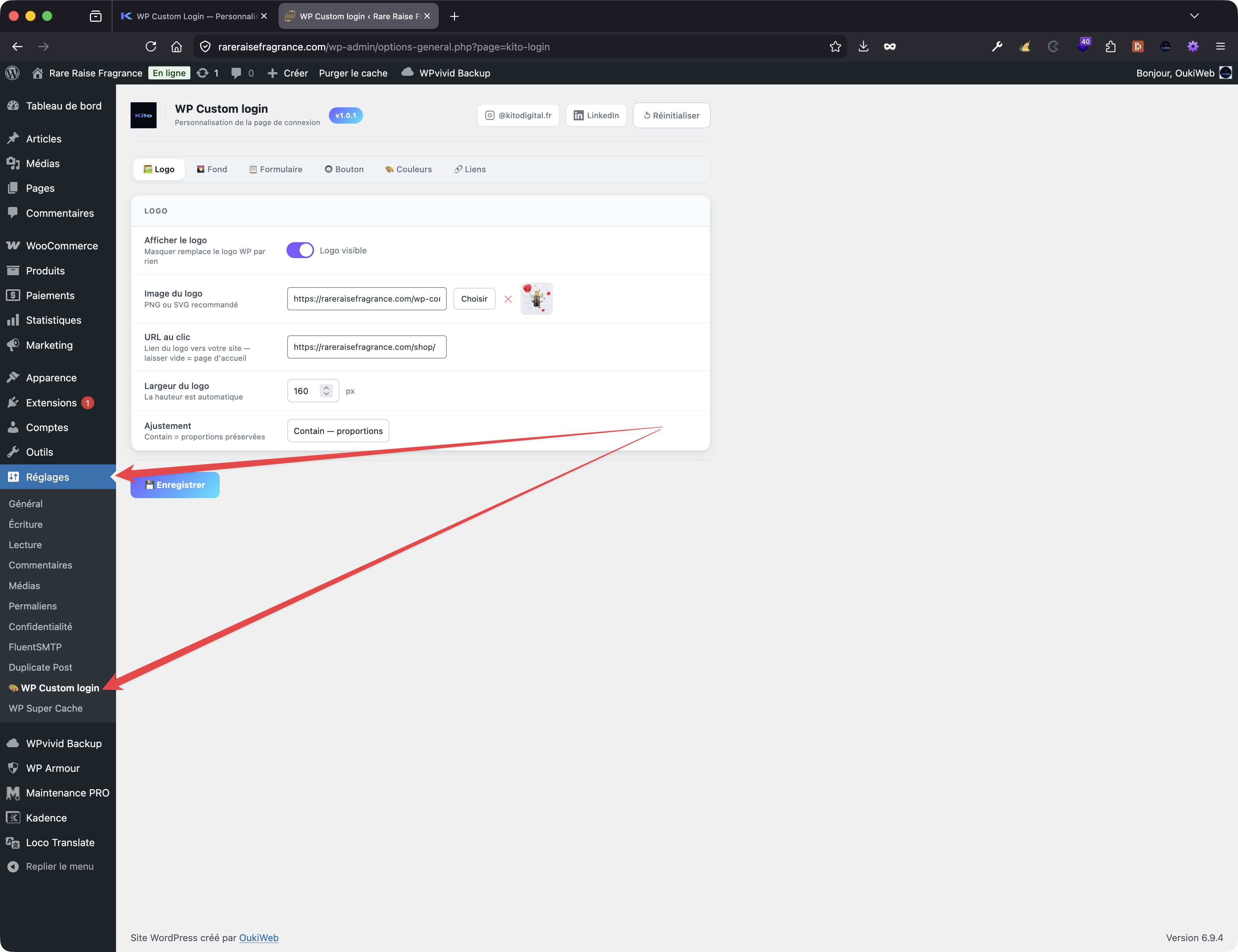 Panneau d'administration WP Custom Login dans WordPress — options logo, couleurs, fond, formulaire