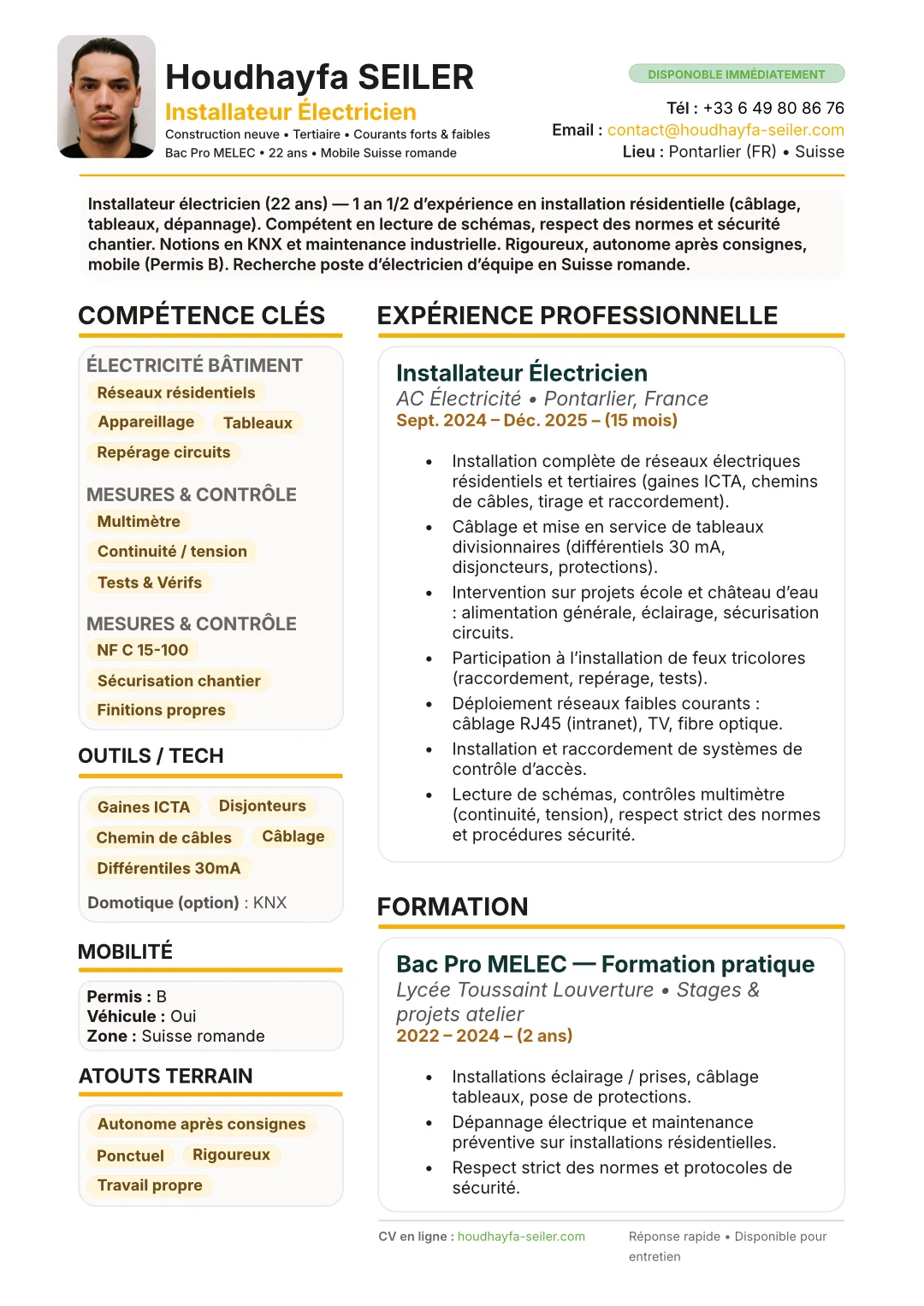 Aperçu du CV PDF de Houdhayfa Seiler — réalisé par Kito Digital